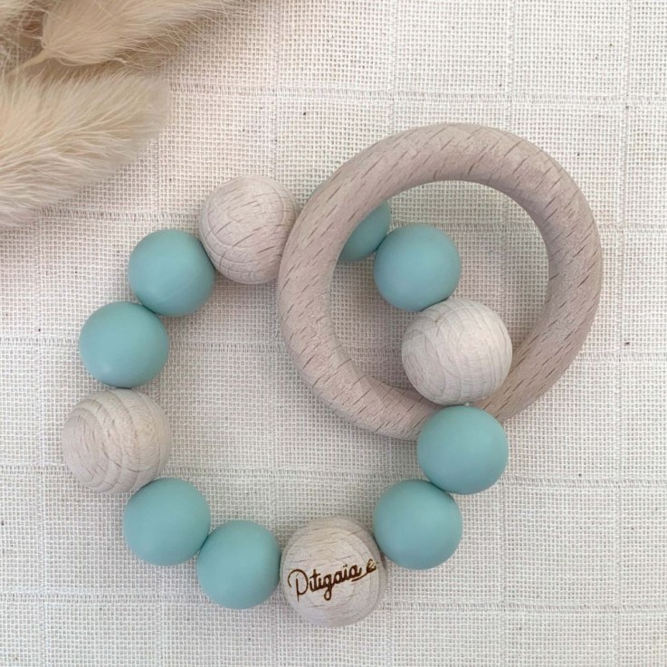 Hochet de dentition en silicone et bois de hêtre naturel