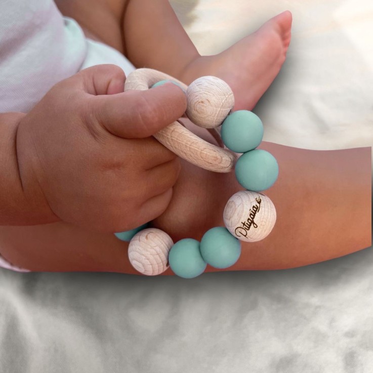 Hochet de dentition en silicone et bois de hêtre naturel