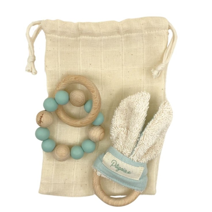 Pochon duo d'éveil : Hochet de Dentition & Hochet Lapin