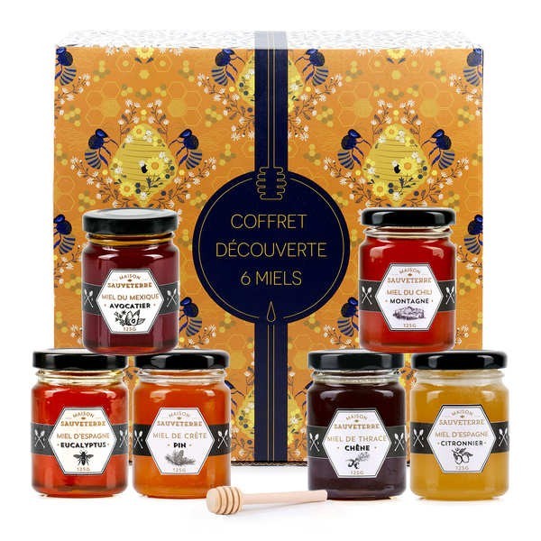 Assortiment de 6 miels du monde et 1 cuillère à miel - Le coffret cadeau