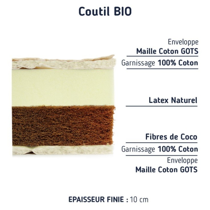 Matelas bébé coco et latex enveloppe bio coton