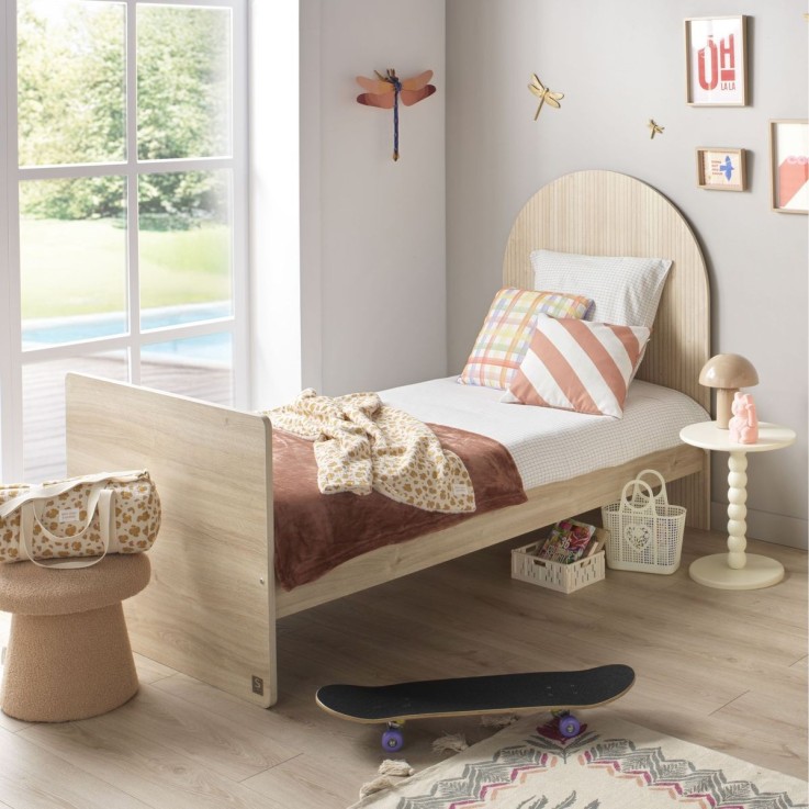 Lit junior 90x190 - décor bois chêne sépia - tête de lit forme arche