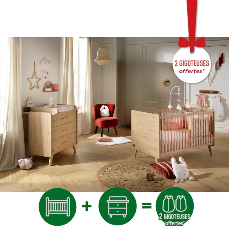 Chambre bébé Arty : Lit évolutif et Commode à langer en bois