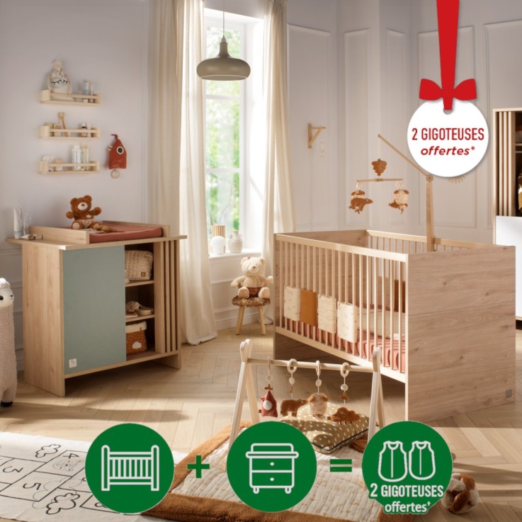 Chambre bébé évolutive Tokyo, Lit évolutif et Commode à langer claustra - Chêne suave