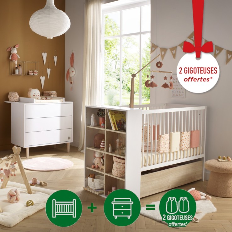 Chambre bébé Paloma : Lit évolutif et Commode à langer 3 tiroirs