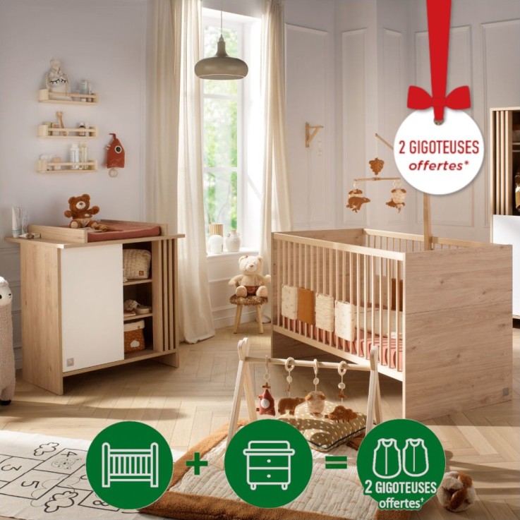 Chambre bébé évolutive Tokyo, Lit évolutif et Commode à langer claustra - Chêne suave