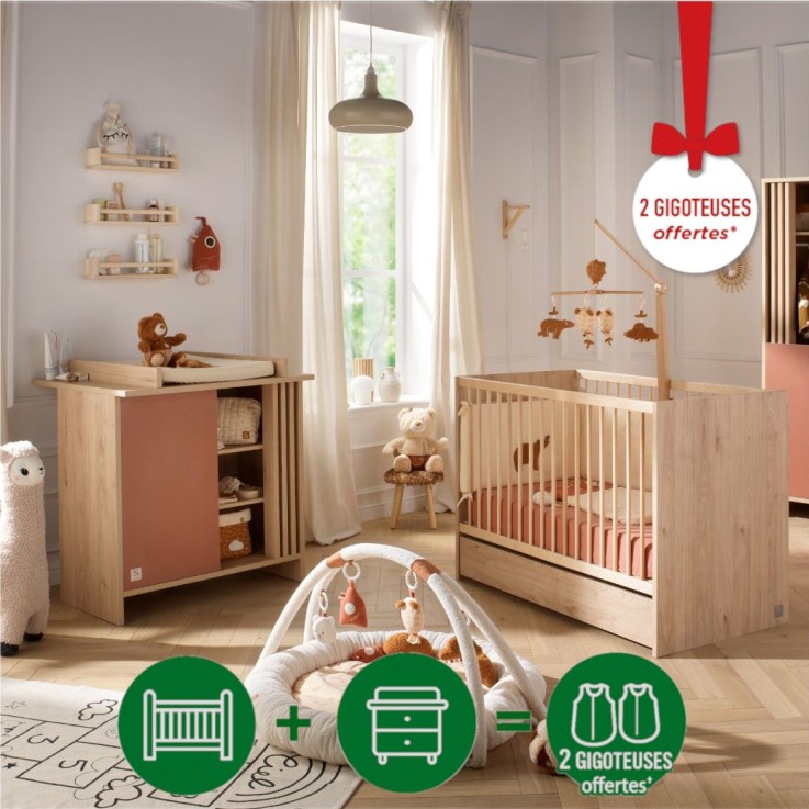 Chambre bébé complète Tokyo - Lit et Commode à langer claustra - Chêne suave