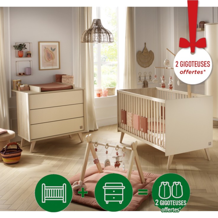 Chambre bébé Mélinée : Lit évolutif et Commode à langer en bois