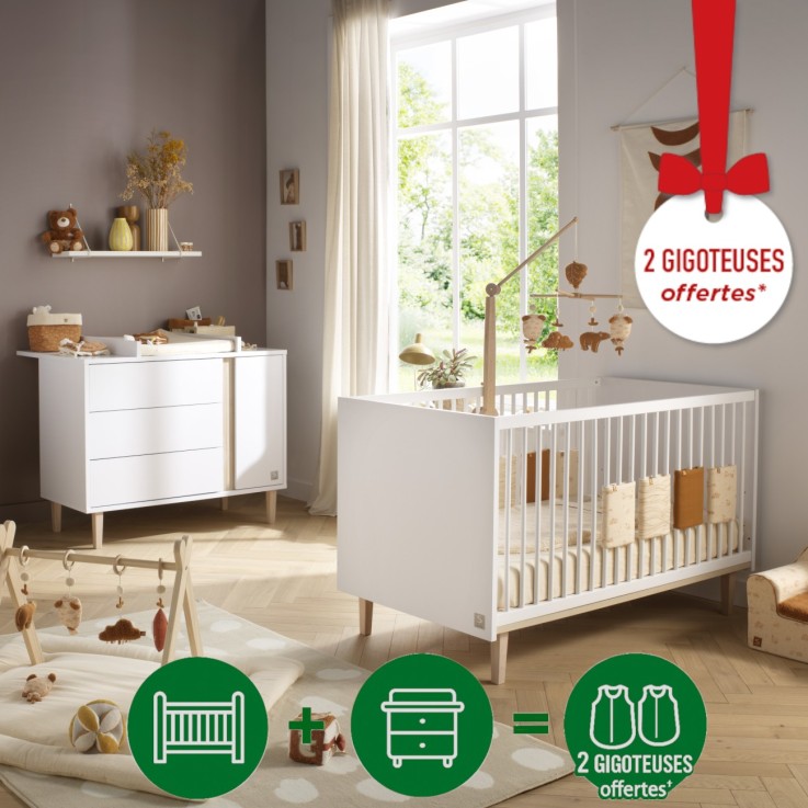 Chambre bébé Paloma : Lit évolutif et Commode à langer en bois