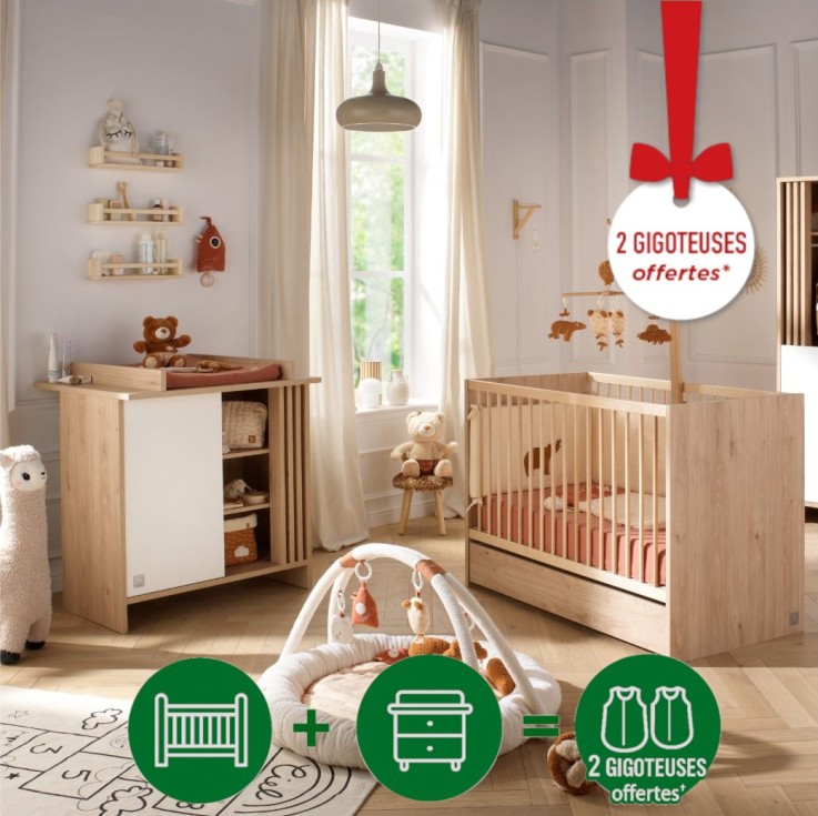 Chambre bébé complète Tokyo - Lit et Commode à langer claustra - Chêne suave