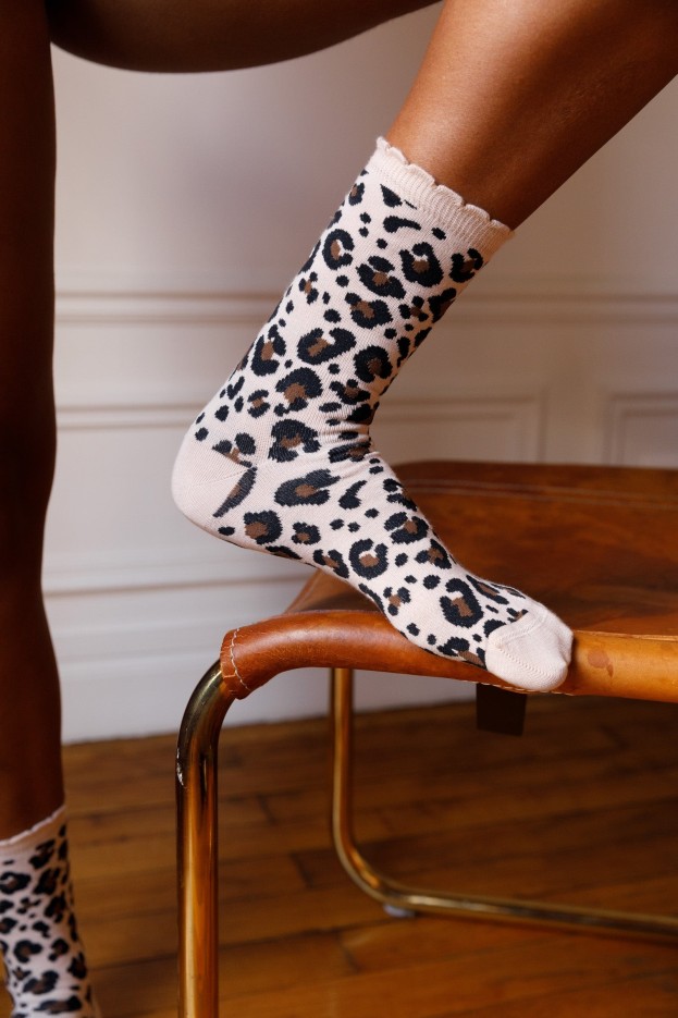 Chaussettes Coton À Motifs Léopard Beige
