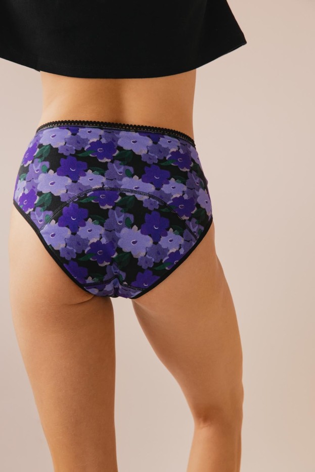 Culotte Menstruelle Taille Haute - Flux Abondant Gots Fleurs Violettes