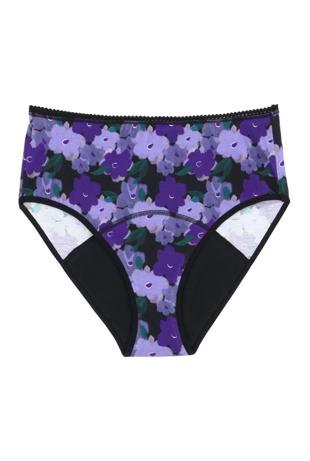 Culotte Menstruelle Taille Haute - Flux Abondant Gots Fleurs Violettes