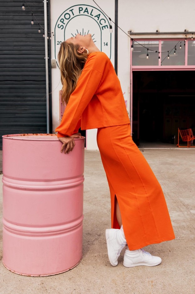 Jupe Longue En Maille Coton Uni Maille Orange