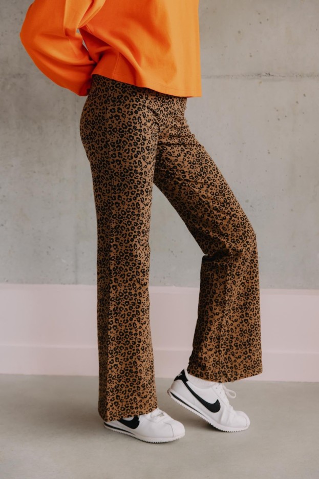 Pantalon Évasé Coton Léopard Marron
