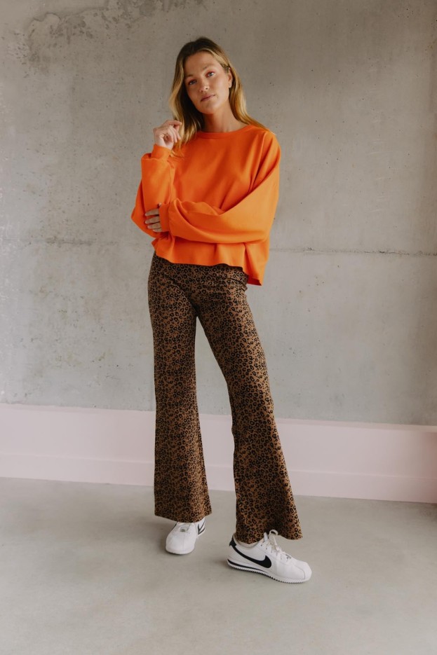 Pantalon Évasé Coton Léopard Marron