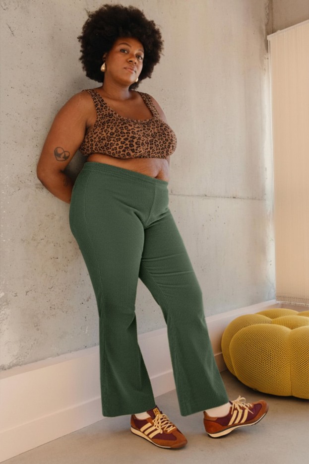 Pantalon Évasé Velours Kaki