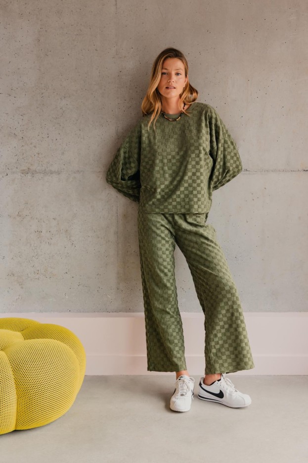 Pantalon Coton Éponge Damier Kaki