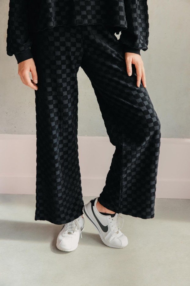 Pantalon Coton Éponge Damier Noir