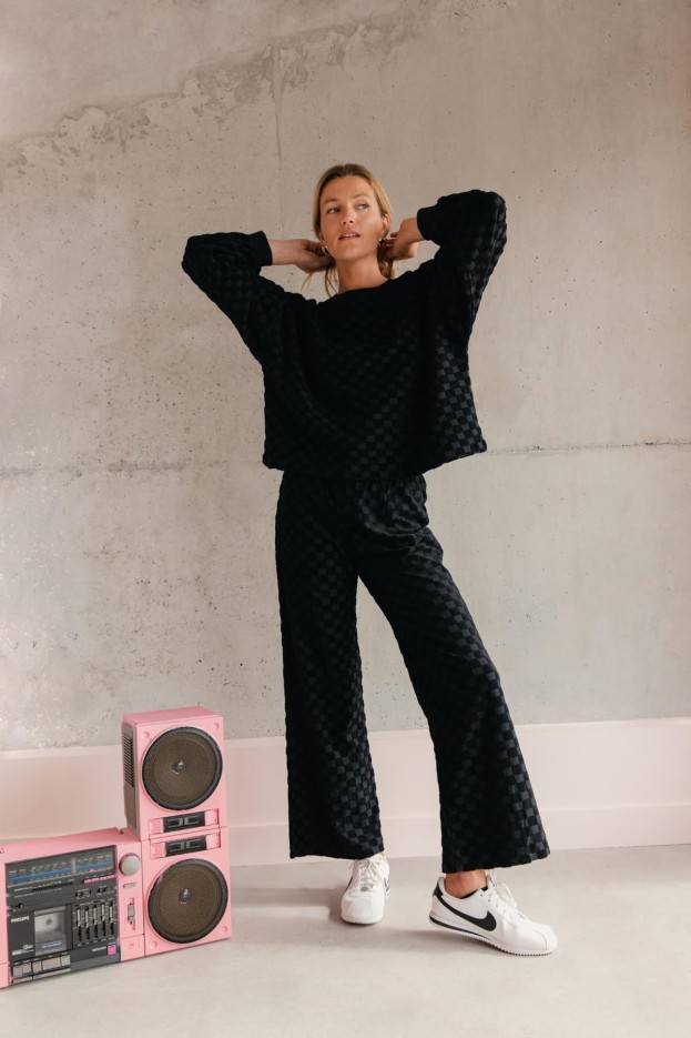 Pantalon Coton Éponge Damier Noir