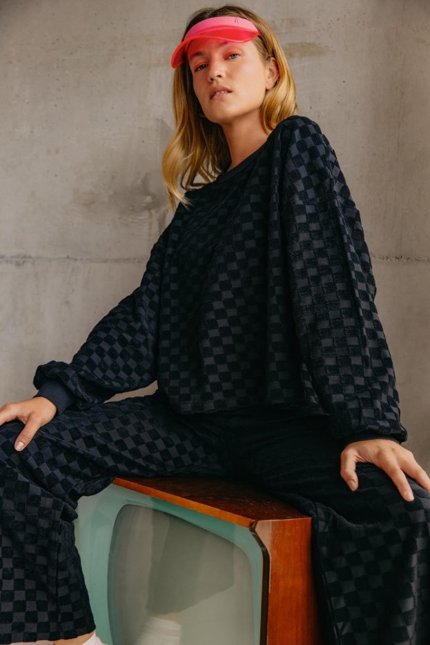 Pantalon Coton Éponge Damier Noir