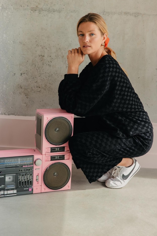 Pantalon Coton Éponge Damier Noir