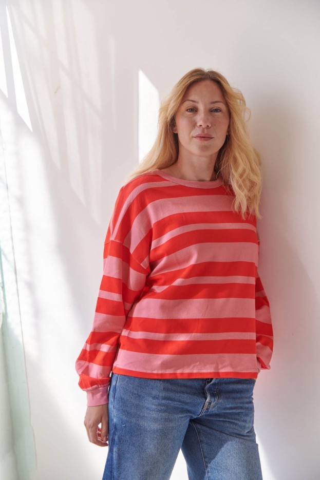 Sweat Coton Imprimé Retro Lines Rayures Rouges