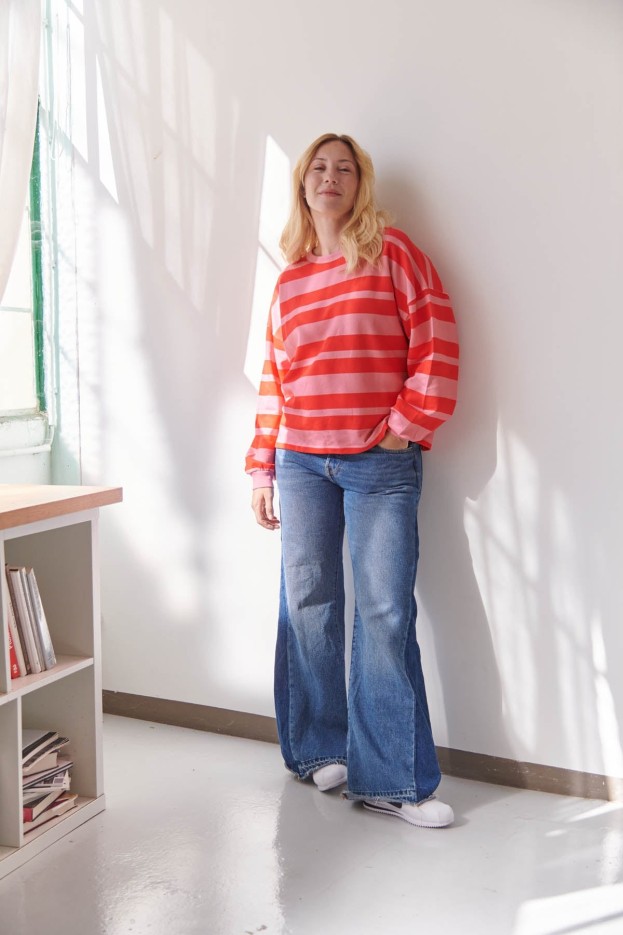 Sweat Coton Imprimé Retro Lines Rayures Rouges