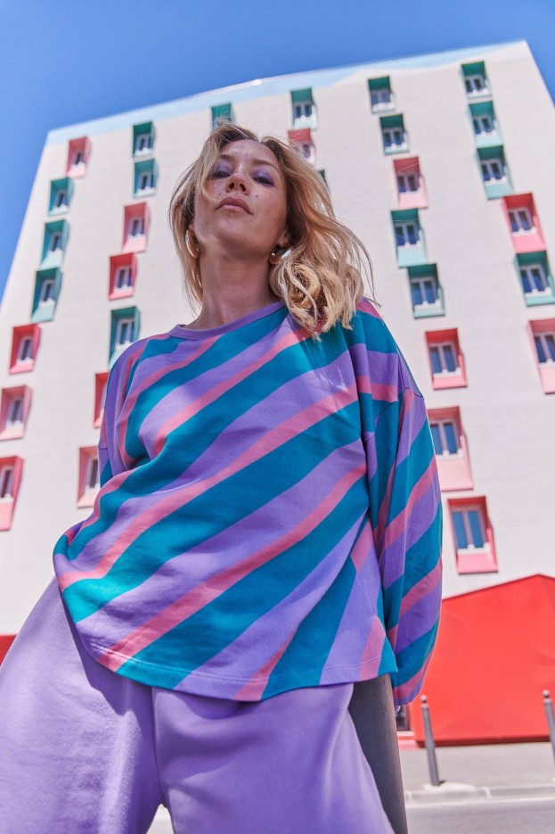 Sweat Coton Imprimé Flashback Rayures Rétro