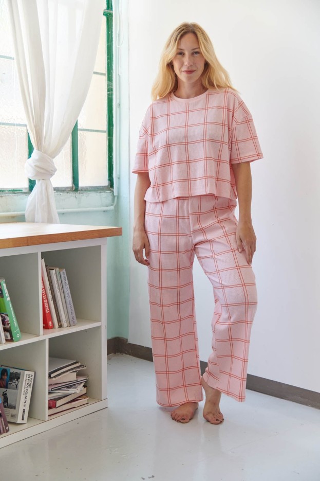 Pyjama Long Coton Gaufré Carreau Orange