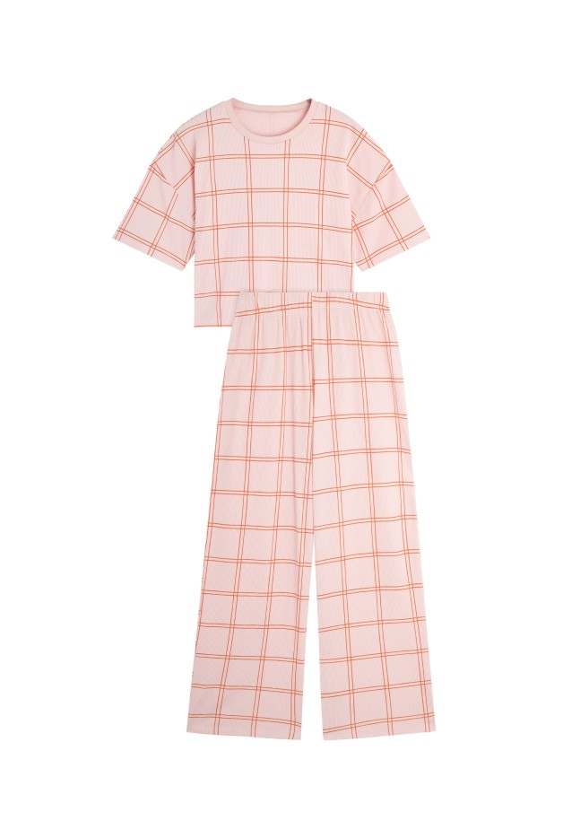 Pyjama Long Coton Gaufré Carreau Orange