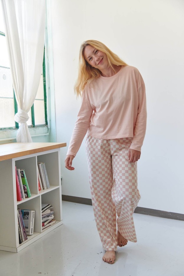 Pyjama Manches Longues Coton Damier Rose