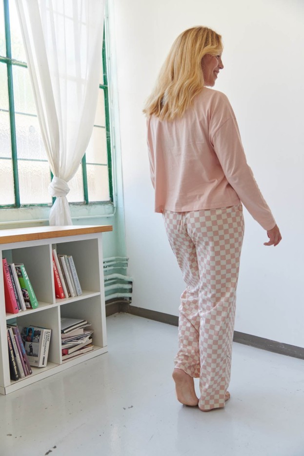 Pyjama Manches Longues Coton Damier Rose