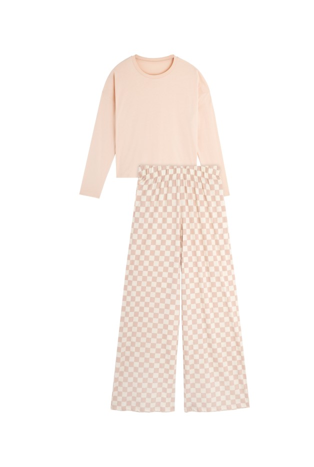 Pyjama Manches Longues Coton Damier Rose