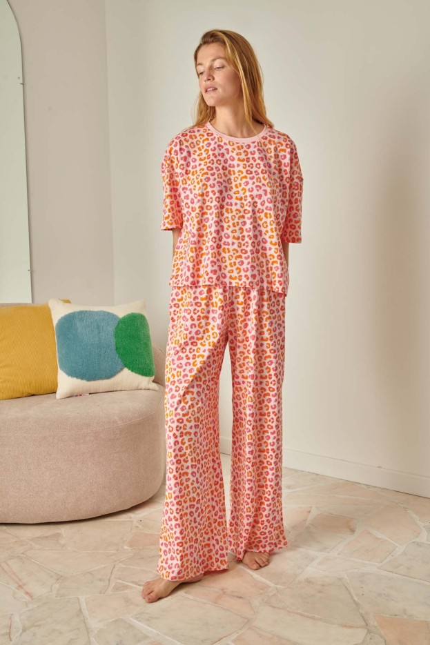 Pyjama Long Coton Léopard Rose