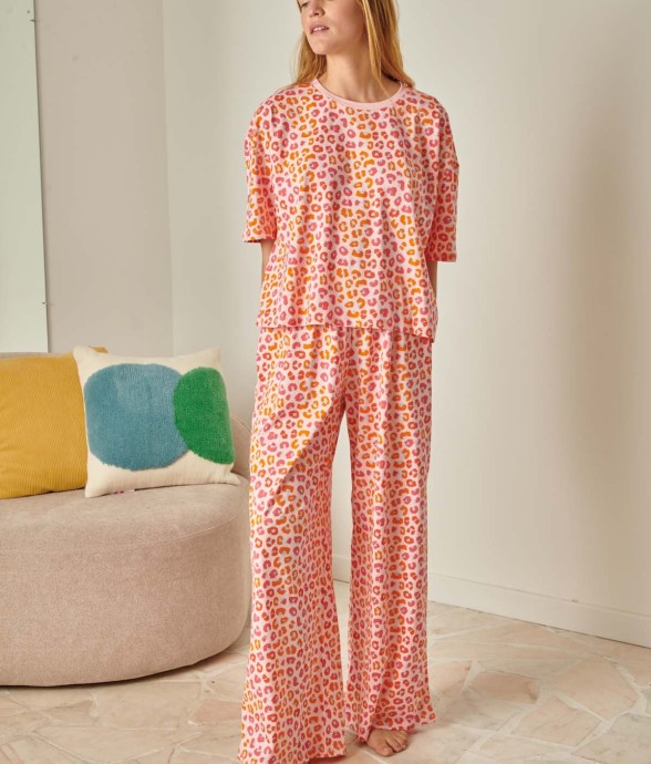 Pyjama Long Coton Léopard Rose