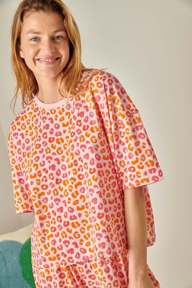 Pyjama Long Coton Léopard Rose
