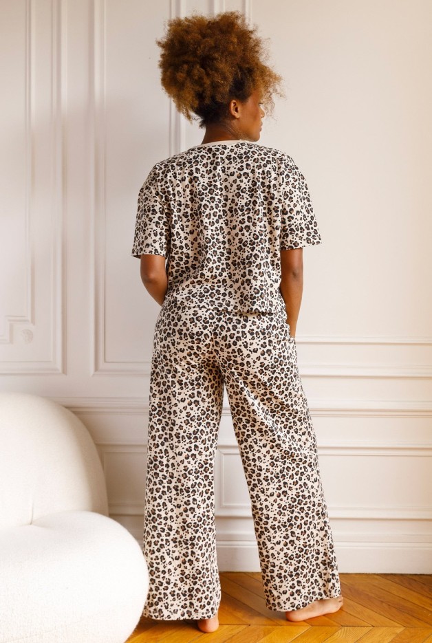 Pyjama Long Coton Léopard Beige