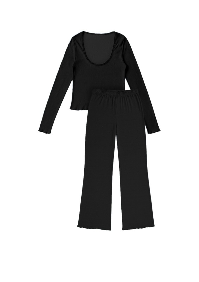 Pyjama Long Coton Pointelle Noir