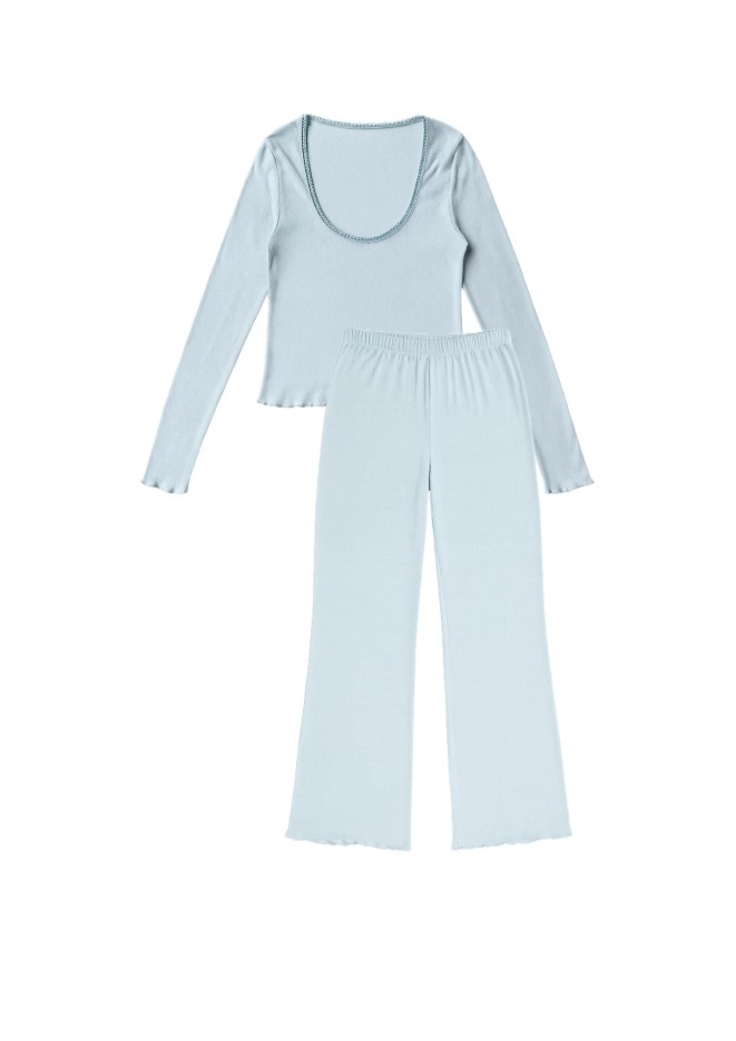Pyjama Long Coton Pointelle Bleu