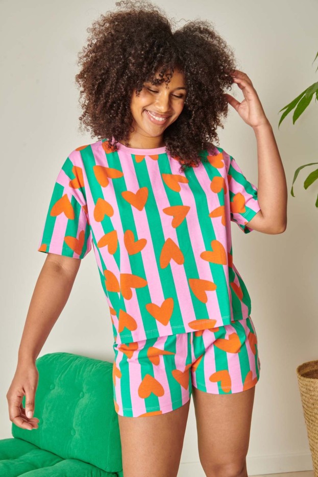 Pyjama Short En Coton Coeurs Rayures