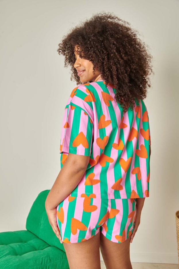 Pyjama Short En Coton Coeurs Rayures