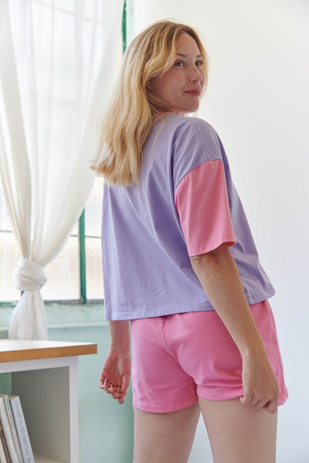 Pyjama Short Coton Colorblock Rose