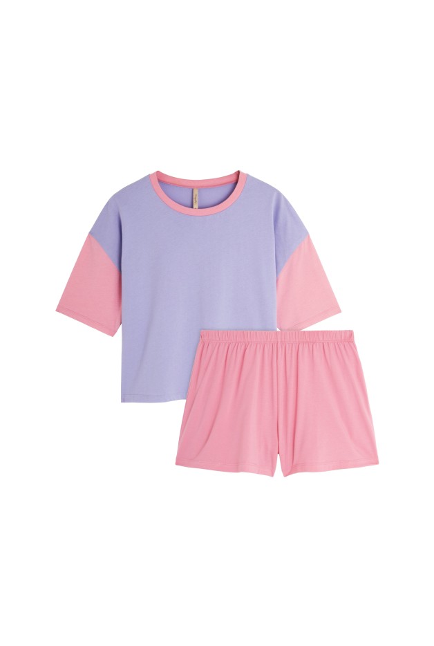 Pyjama Short Coton Colorblock Rose