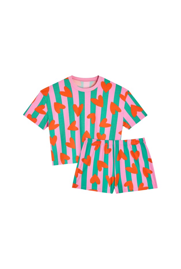 Pyjama Enfant Coton Bio Coeurs Rayures Rose