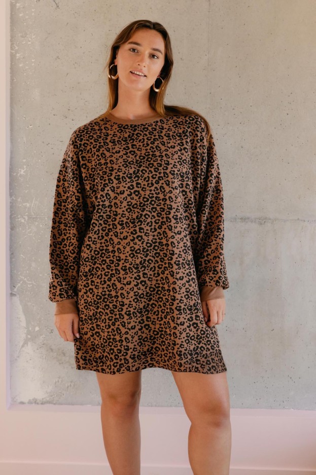Robe Sweat En Coton Léopard Marron
