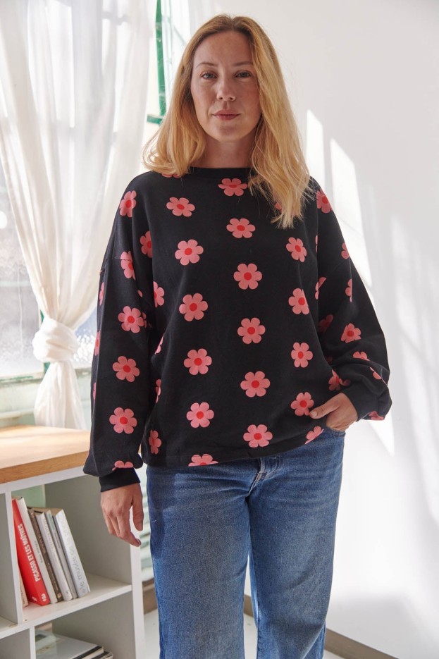Sweat Coton Imprimé Monique Noir À Fleurs
