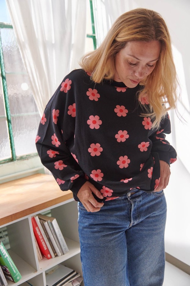 Sweat Coton Imprimé Monique Noir À Fleurs