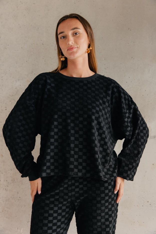 Sweat Coton Eponge Damier Noir