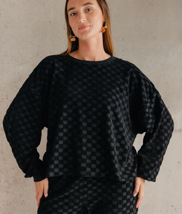 Sweat Coton Eponge Damier Noir